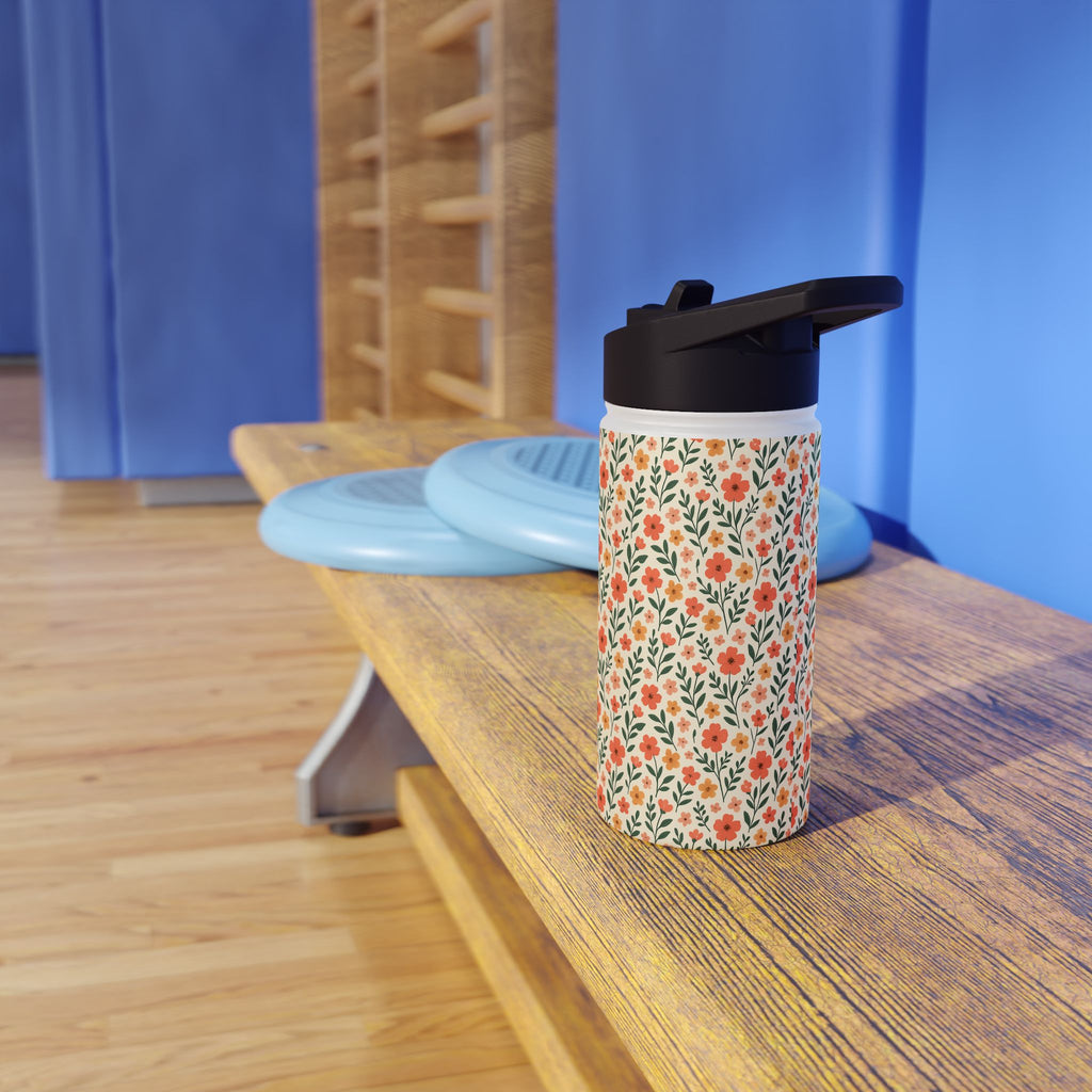 Floral Vine Stainless Steel Water Bottle — Orange Wildflower Pattern, Insulated Reusable Bottle