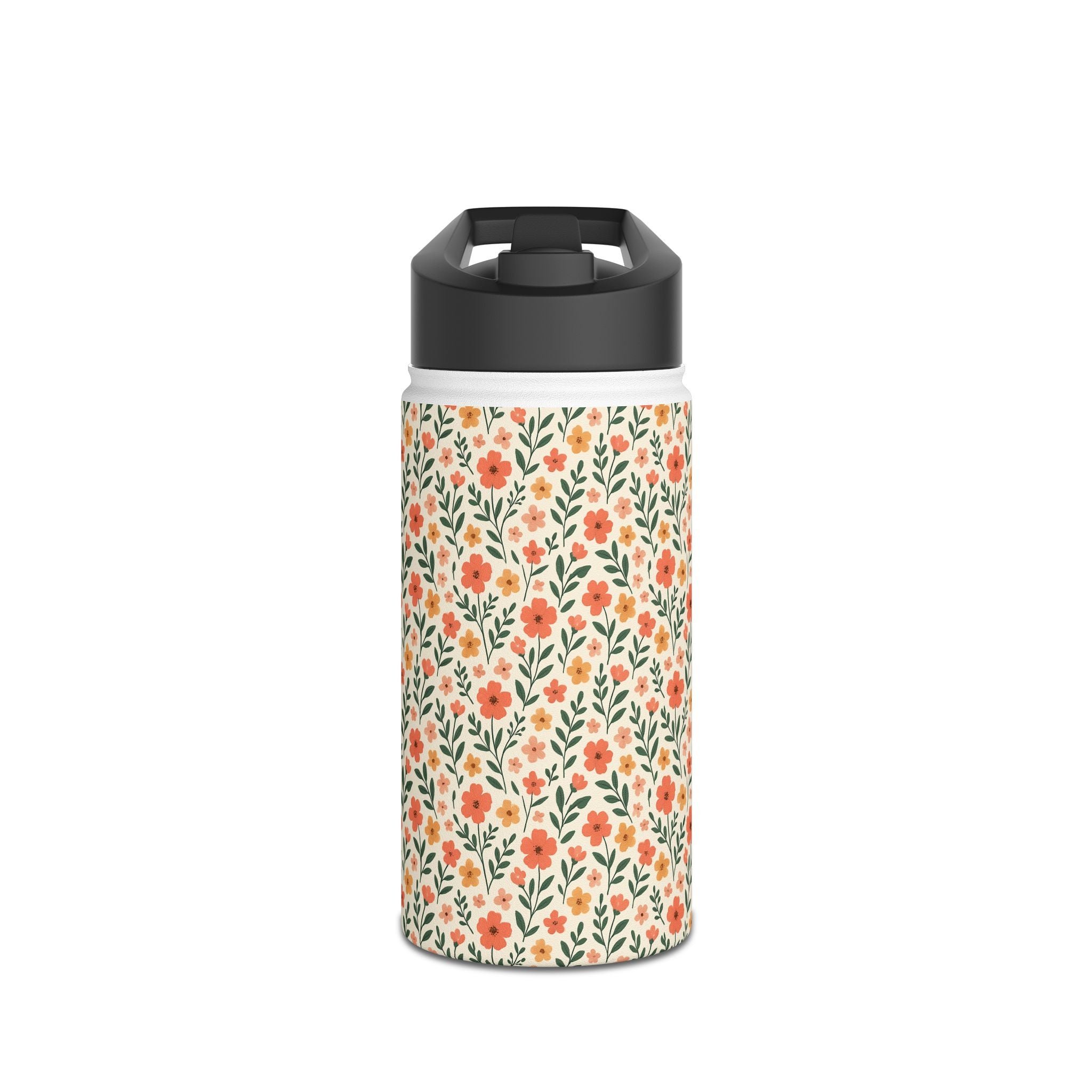 Floral Vine Stainless Steel Water Bottle — Orange Wildflower Pattern, Insulated Reusable Bottle