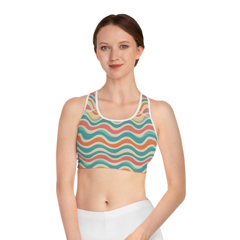 Retro Wavy Stripes Sports Bra | Colorful Abstract All-Over Print