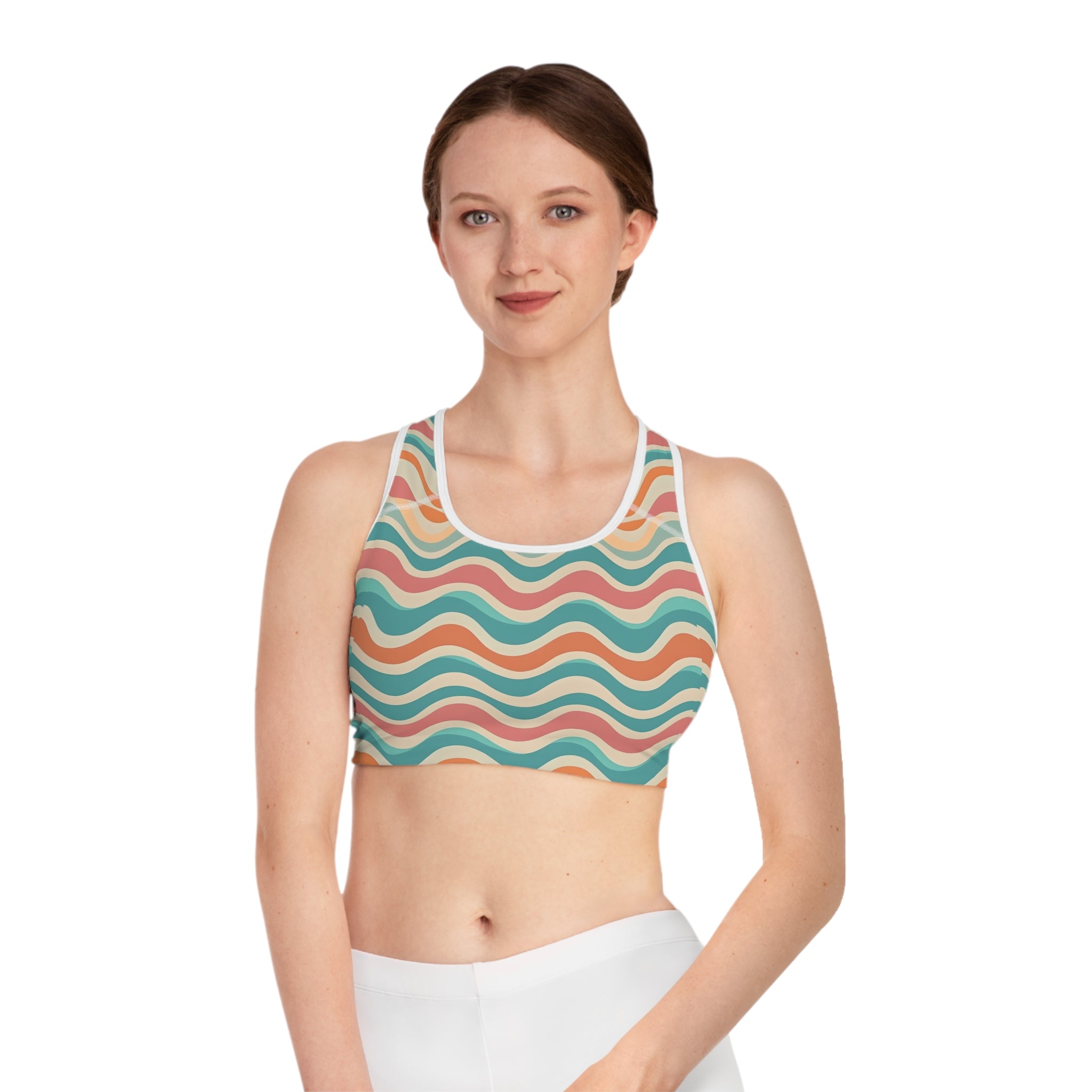 Retro Wavy Stripes Sports Bra | Colorful Abstract All-Over Print