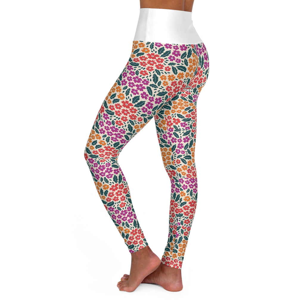 Colorful Floral Pattern High Waist Leggings | Pink Orange Green Allover Print