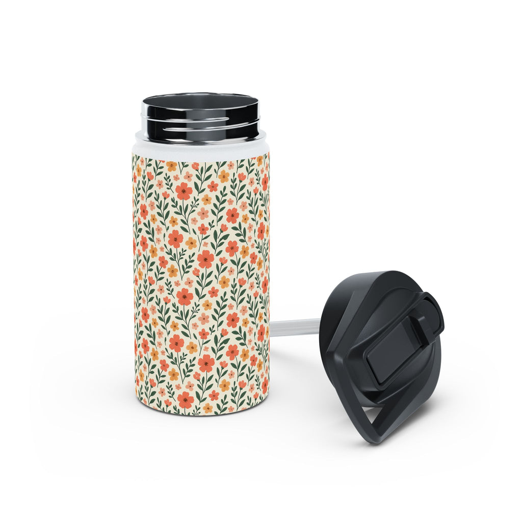 Floral Vine Stainless Steel Water Bottle — Orange Wildflower Pattern, Insulated Reusable Bottle