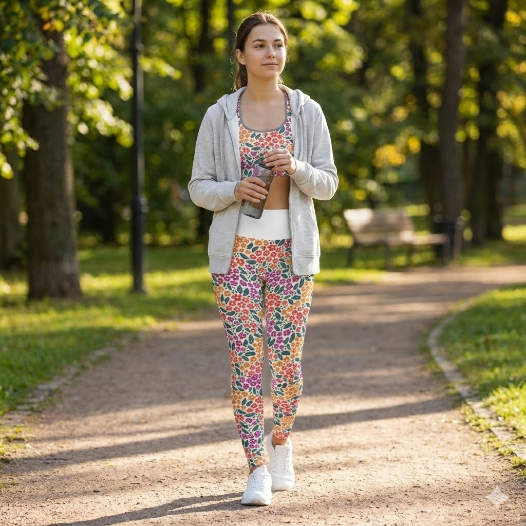 Colorful Floral Pattern High Waist Leggings | Pink Orange Green Allover Print
