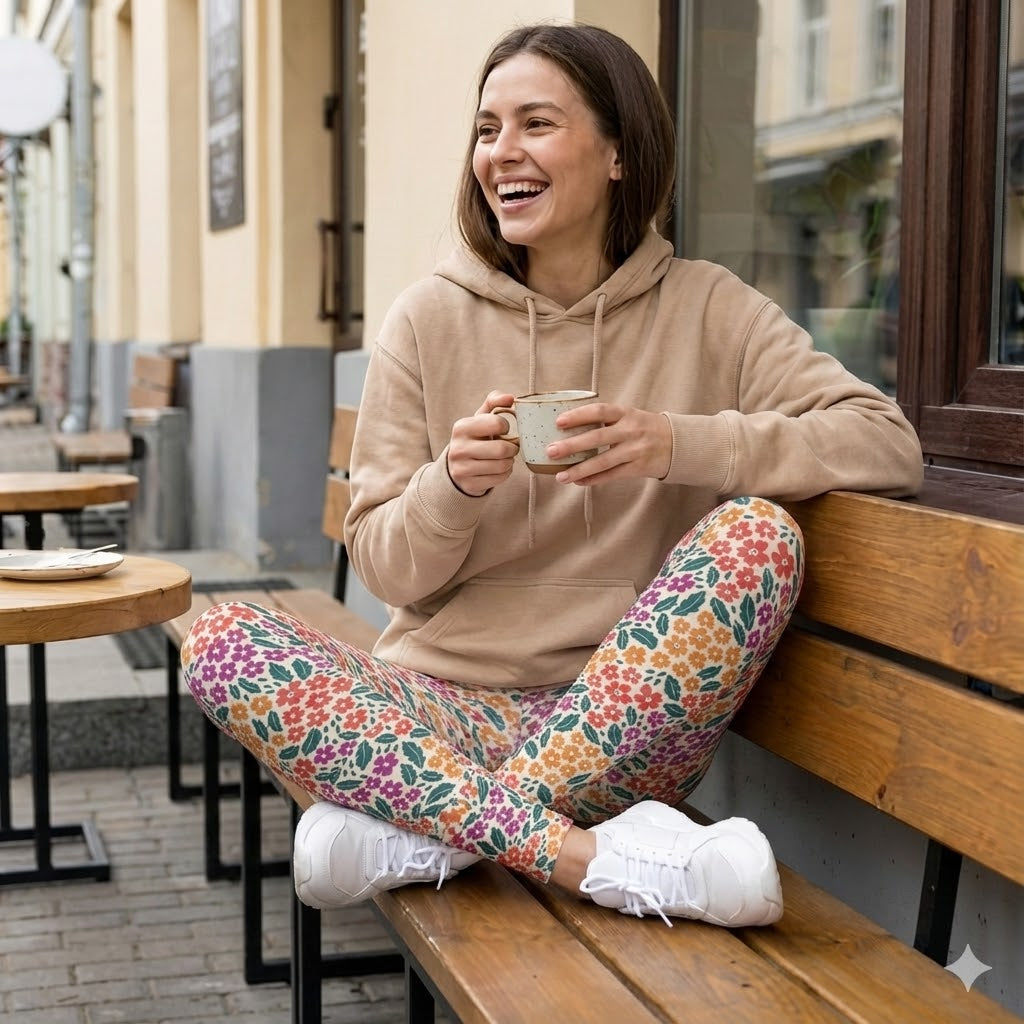 Colorful Floral Pattern High Waist Leggings | Pink Orange Green Allover Print