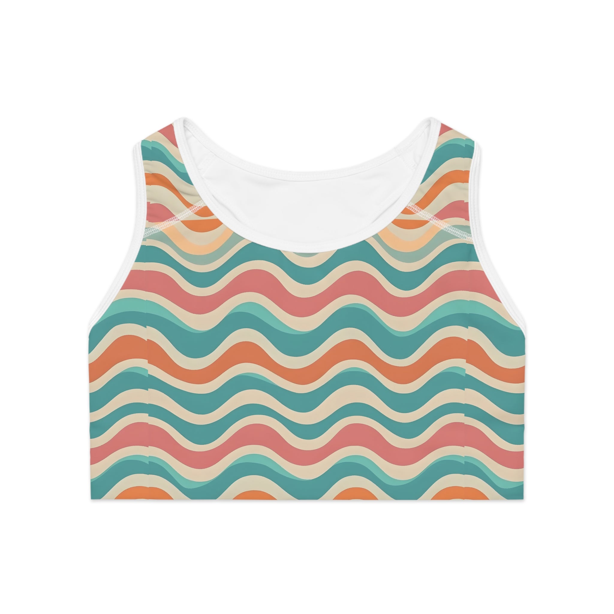 Retro Wavy Stripes Sports Bra | Colorful Abstract All-Over Print