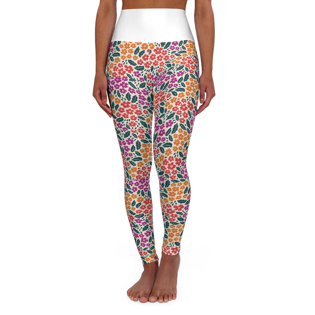 Colorful Floral Pattern High Waist Leggings | Pink Orange Green Allover Print