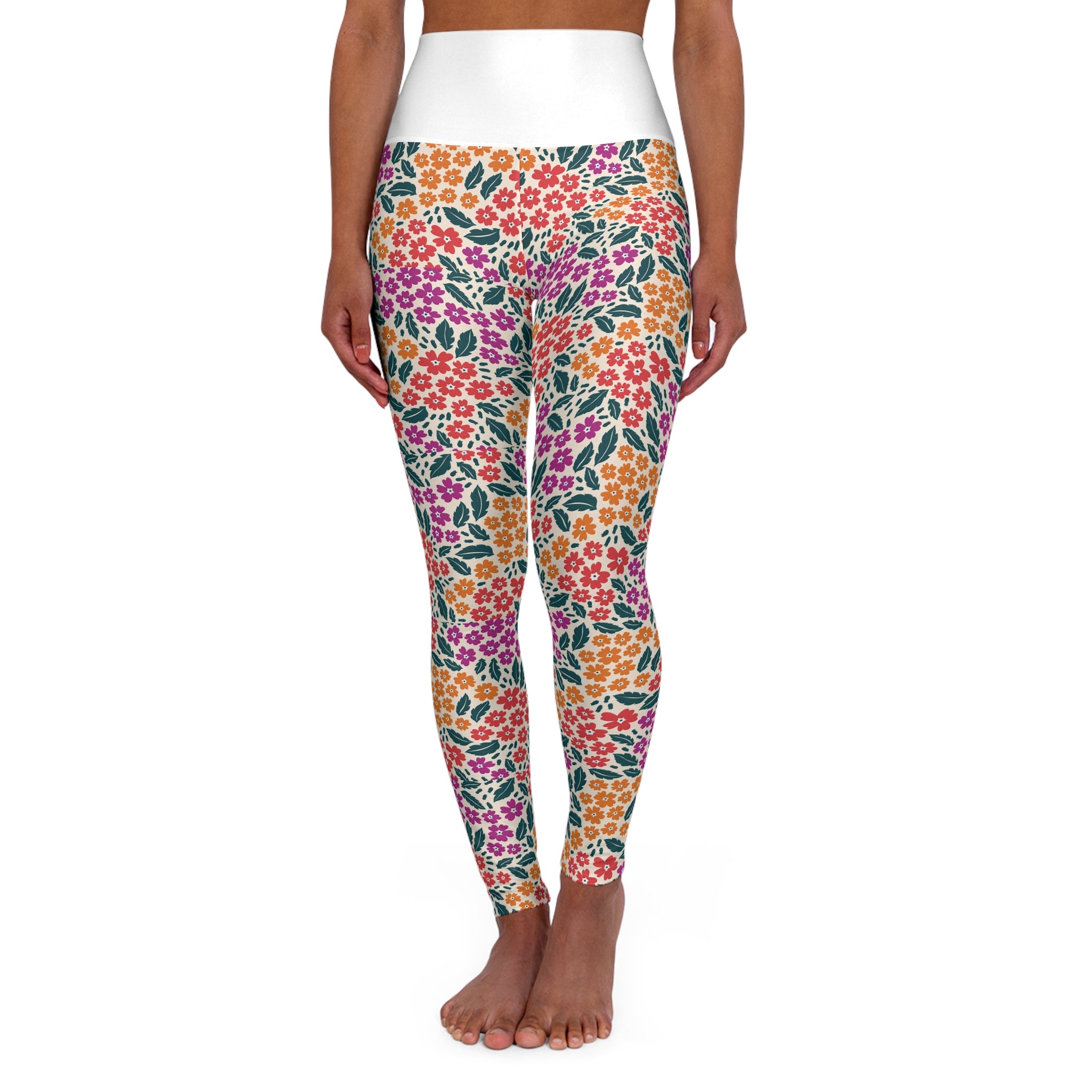 Colorful Floral Pattern High Waist Leggings | Pink Orange Green Allover Print