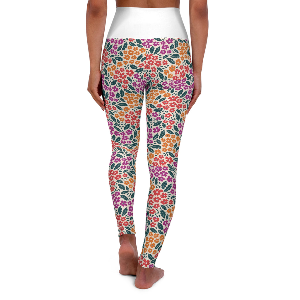 Colorful Floral Pattern High Waist Leggings | Pink Orange Green Allover Print