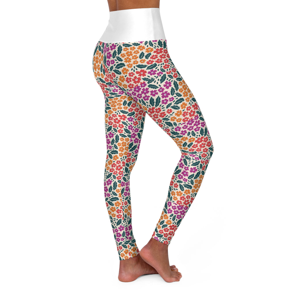 Colorful Floral Pattern High Waist Leggings | Pink Orange Green Allover Print