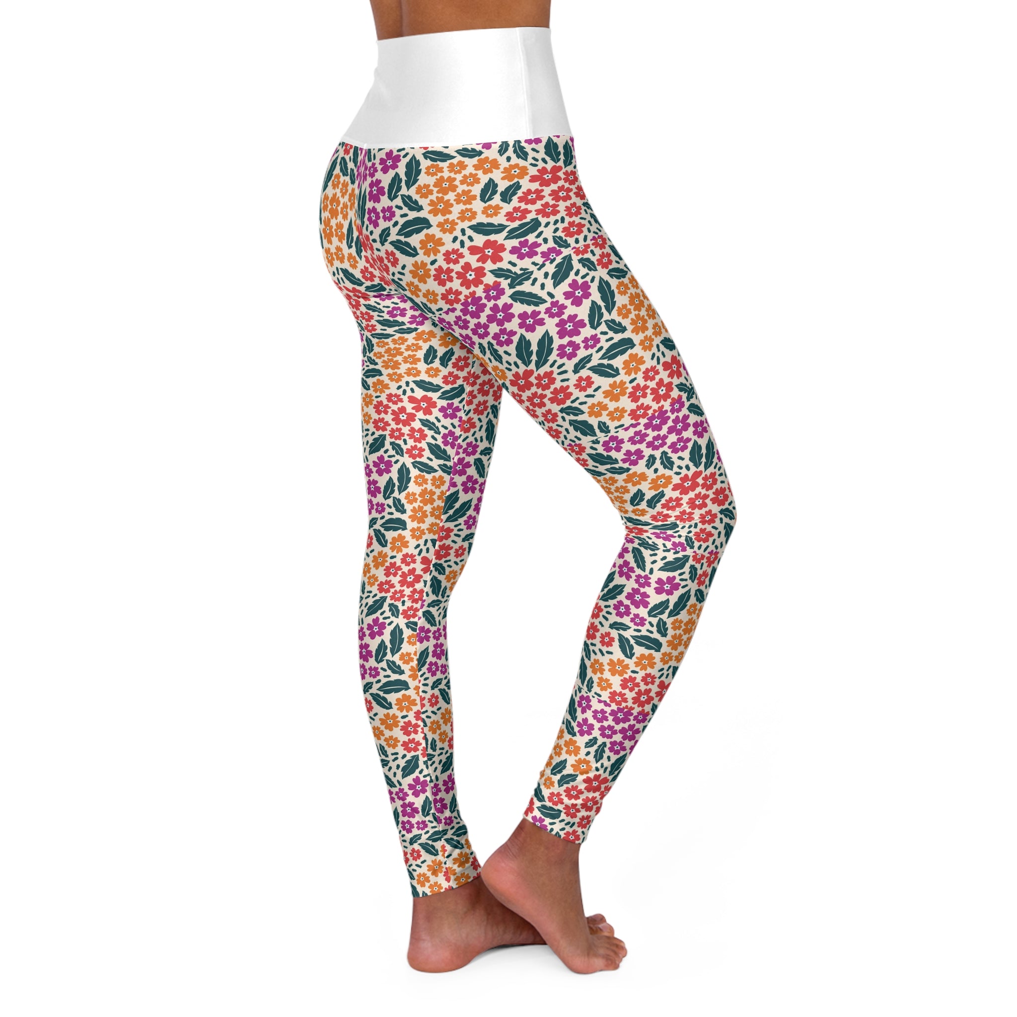 Colorful Floral Pattern High Waist Leggings | Pink Orange Green Allover Print